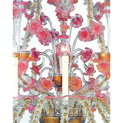 Luxury Pink and Transparent Venetian Murano Glass Chandelier