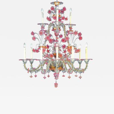 Luxury Pink and Transparent Venetian Murano Glass Chandelier