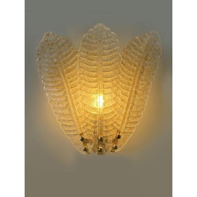 Luxury Venetian Set of Two Wall Sconces in Amber Graniglia Leaves Murano Glass