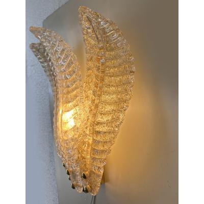 Luxury Venetian Set of Two Wall Sconces in Amber Graniglia Leaves Murano Glass