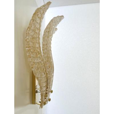 Luxury Venetian Set of Two Wall Sconces in Amber Graniglia Leaves Murano Glass