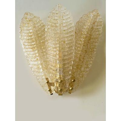 Luxury Venetian Set of Two Wall Sconces in Amber Graniglia Leaves Murano Glass