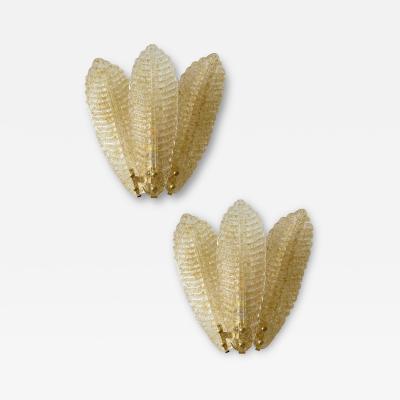 Luxury Venetian Set of Two Wall Sconces in Amber Graniglia Leaves Murano Glass