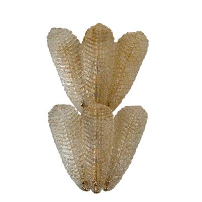 Luxury Venetian Wall Sconces in Amber Graniglia Leaves Murano Glass Set of Two