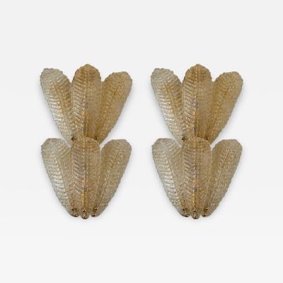 Luxury Venetian Wall Sconces in Amber Graniglia Leaves Murano Glass Set of Two