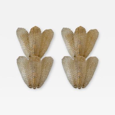 Luxury Venetian Wall Sconces in Amber Graniglia Leaves Murano Glass Set of Two