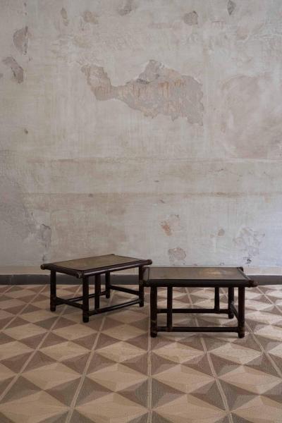 Lyda Levi Pair of Wooden Tables with Leather Bindings by Lyda Levi Mcguire San Francisco