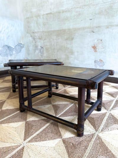 Lyda Levi Pair of Wooden Tables with Leather Bindings by Lyda Levi Mcguire San Francisco