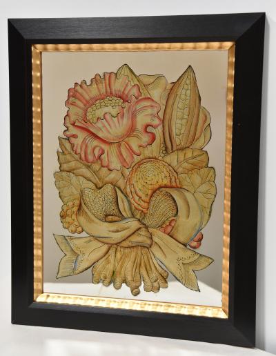 M E Fager PAIR Floral EGLOMIS REVERSE MIRROR PAINTINGS by WILLIAM EDGAR FAGER