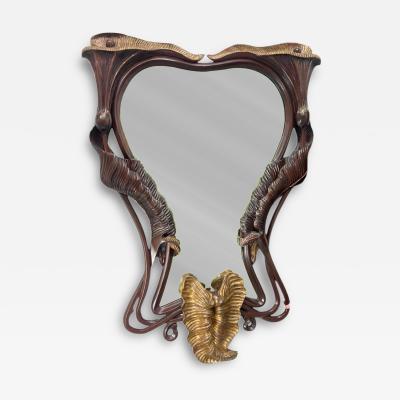MAGNIFICIENT ART NOUVEAU MAHOGANY GILT LEAF WITH VINES FORM MIRROR