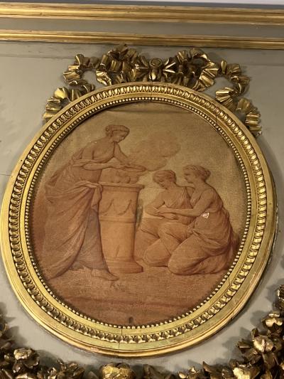 MAGNIFICIENT MONUMENTAL CARVED GILT CREAM TRUMEAU MIRROR WITH OVAL PAINTING