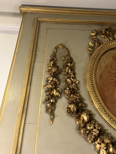 MAGNIFICIENT MONUMENTAL CARVED GILT CREAM TRUMEAU MIRROR WITH OVAL PAINTING