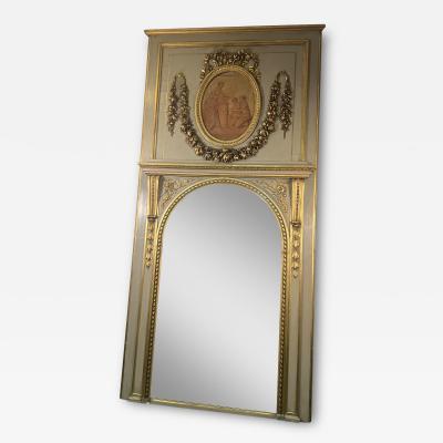 MAGNIFICIENT MONUMENTAL CARVED GILT CREAM TRUMEAU MIRROR WITH OVAL PAINTING