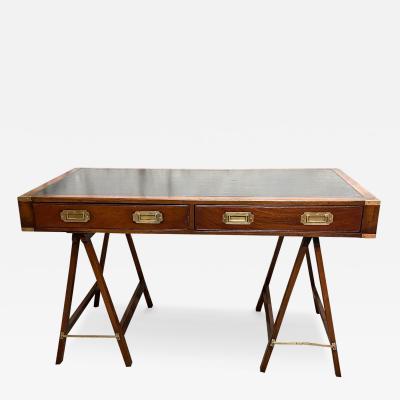 MAHOGANY AND LEATHER ENGLISH CAMPAIGN DESK RESTING ON STRETCHER BASE