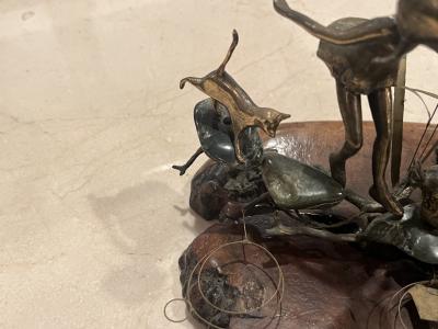 MALCOLM MORAN MODERNIST BRONZE AND STONES SCULPTURE OF GIRLS DOG CAT AND FROG FROLICKING
