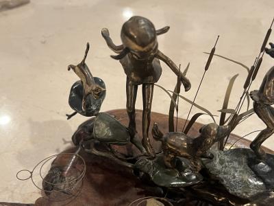 MALCOLM MORAN MODERNIST BRONZE AND STONES SCULPTURE OF GIRLS DOG CAT AND FROG FROLICKING