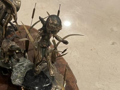 MALCOLM MORAN MODERNIST BRONZE AND STONES SCULPTURE OF GIRLS DOG CAT AND FROG FROLICKING