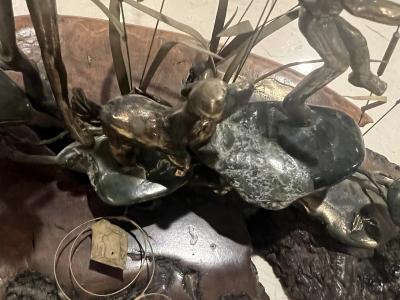 MALCOLM MORAN MODERNIST BRONZE AND STONES SCULPTURE OF GIRLS DOG CAT AND FROG FROLICKING