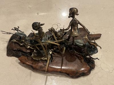 MALCOLM MORAN MODERNIST BRONZE AND STONES SCULPTURE OF GIRLS DOG CAT AND FROG FROLICKING