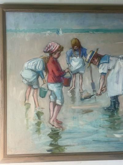 MARGARET PALMER LOVELY BEACHSIDE CHILDREN DIGGING IN SAND PAINTING BY MARGARET PALMER