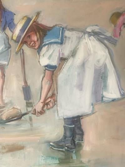 MARGARET PALMER LOVELY BEACHSIDE CHILDREN DIGGING IN SAND PAINTING BY MARGARET PALMER