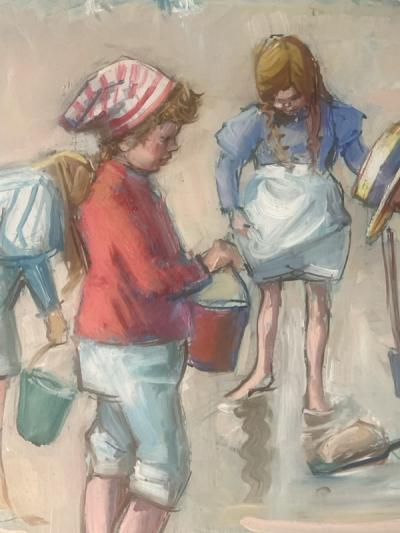 MARGARET PALMER LOVELY BEACHSIDE CHILDREN DIGGING IN SAND PAINTING BY MARGARET PALMER