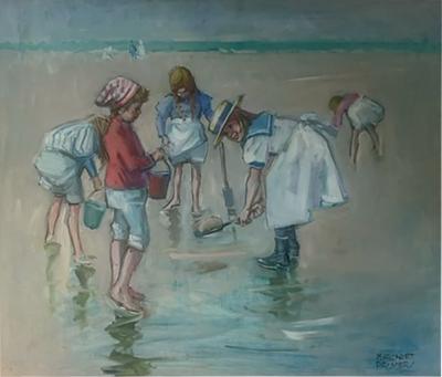 MARGARET PALMER LOVELY BEACHSIDE CHILDREN DIGGING IN SAND PAINTING BY MARGARET PALMER