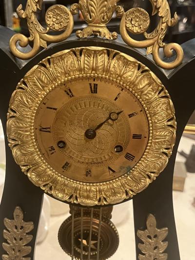 MARTIN PIGNERET FRENCH EMPIRE LYRE CLOCK EBONIZED WOOD AND GILT BRONZE WITH STAR PENDULUM