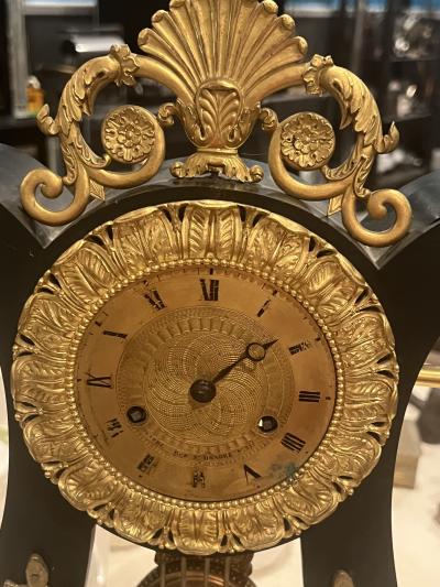 MARTIN PIGNERET FRENCH EMPIRE LYRE CLOCK EBONIZED WOOD AND GILT BRONZE WITH STAR PENDULUM