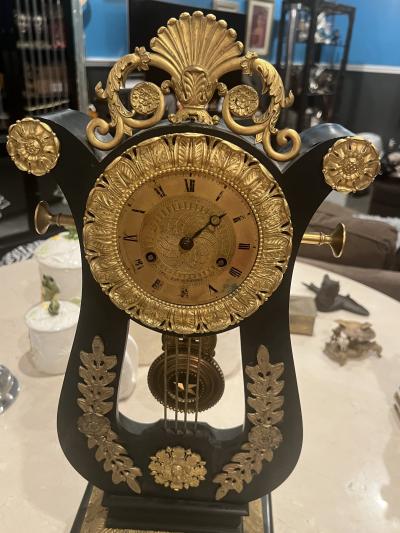 MARTIN PIGNERET FRENCH EMPIRE LYRE CLOCK EBONIZED WOOD AND GILT BRONZE WITH STAR PENDULUM