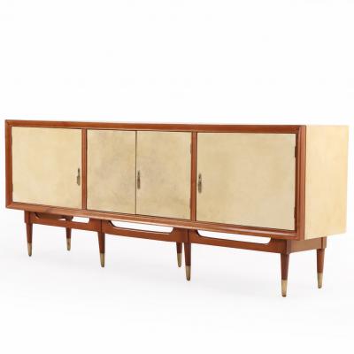 MCM Mahogany Sideboard with Argent Parchment Covered Doors C 1950