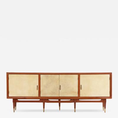 MCM Mahogany Sideboard with Argent Parchment Covered Doors C 1950