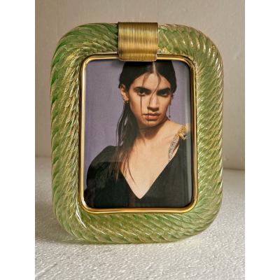 MCM Style Green Torchon Murano Glass Picture Frame and Brass in Barovier Style