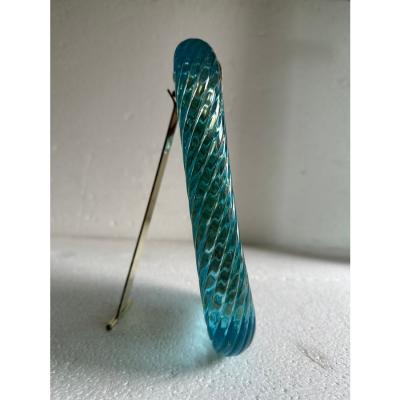 MCM Style Light Blue Torchon Murano Glass Small Picture Frame and Brass