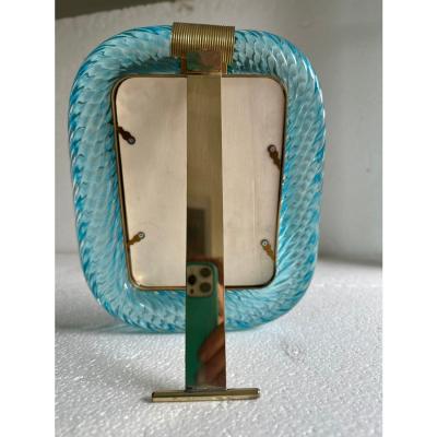 MCM Style Light Blue Torchon Murano Glass Small Picture Frame and Brass