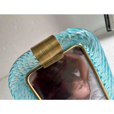 MCM Style Light Blue Torchon Murano Glass Small Picture Frame and Brass