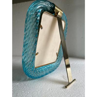 MCM Style Light Blue Torchon Murano Glass Small Picture Frame and Brass