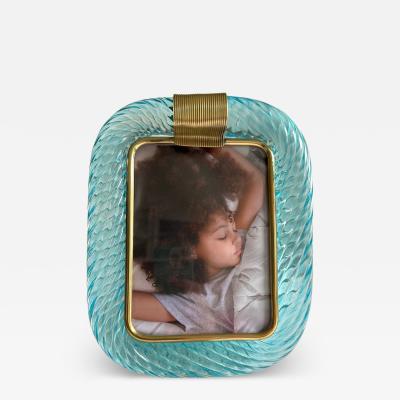 MCM Style Light Blue Torchon Murano Glass Small Picture Frame and Brass