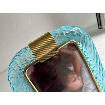 MCM Style Light Blue Torchon Murano Picture Frame and Brass in Barovier Style