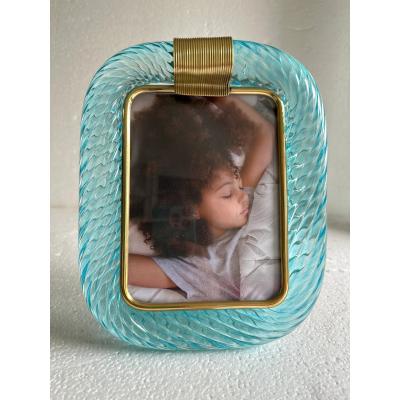 MCM Style Light Blue Torchon Murano Picture Frame and Brass in Barovier Style