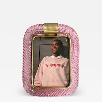 MCM Style Pink Torchon Murano Glass Small Picture Frame and Brass