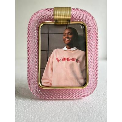 MCM Style Pink Torchon Murano Small Picture Frame and Brass in Barovier Style