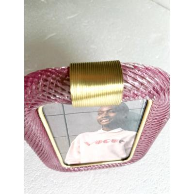 MCM Style Pink Torchon Murano Small Picture Frame and Brass in Barovier Style