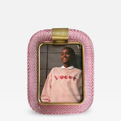 MCM Style Pink Torchon Murano Small Picture Frame and Brass in Barovier Style