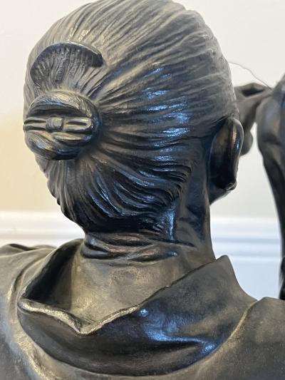 MEIJI PERIOD JAPANESE BRONZE OF ELDER WOMAN SEWING