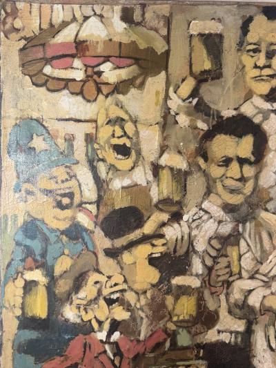 MELANGE OF CHARACTERS WITH KEYSTONE COP SINGING CAT IN BAR SCENE PAINTING