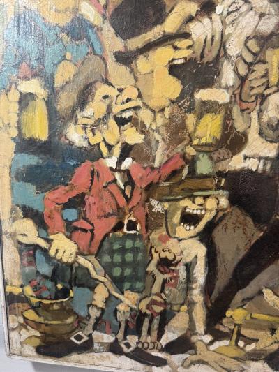 MELANGE OF CHARACTERS WITH KEYSTONE COP SINGING CAT IN BAR SCENE PAINTING