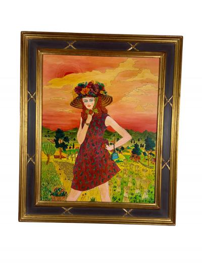 MICHEL LOEB MODERN COLORFUL PAINTING OF WOMAN IN HAT WITH FLOWERS IN HAYSTACK FIELDS