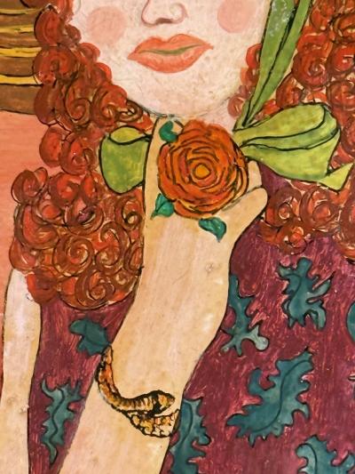 MICHEL LOEB MODERN COLORFUL PAINTING OF WOMAN IN HAT WITH FLOWERS IN HAYSTACK FIELDS