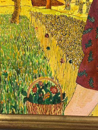 MICHEL LOEB MODERN COLORFUL PAINTING OF WOMAN IN HAT WITH FLOWERS IN HAYSTACK FIELDS
